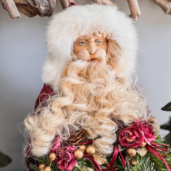 Vintage Burgundy/Gold Santa Claus Tabletop/Treetop Christmas Decor w Garland 16” - Picture 3 of 9